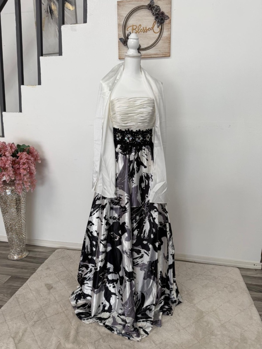 Vintage Strapless A-Line Gown with Ruched Bodice and Abstract Floral Skirt